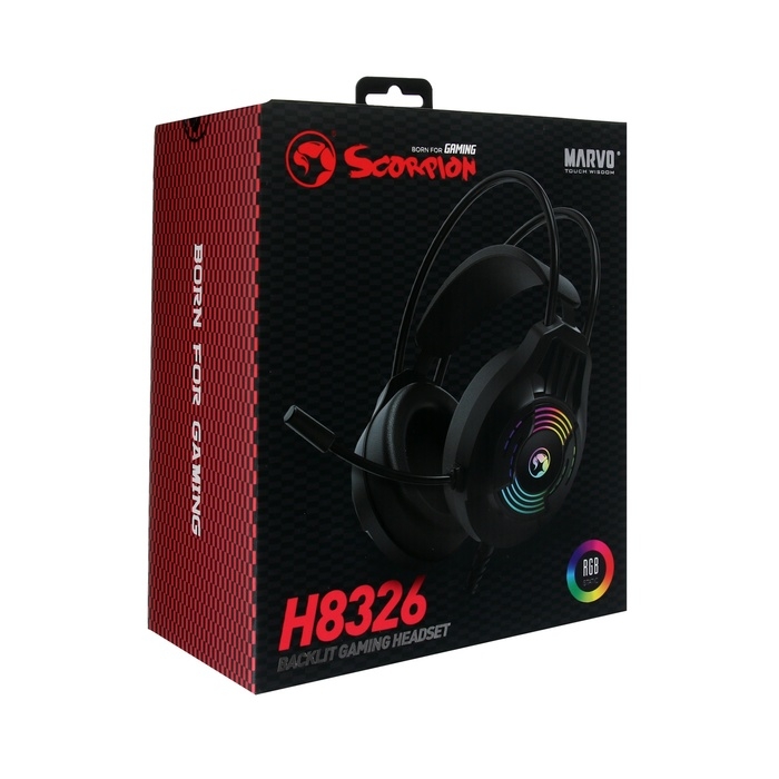 Наушники Marvo H8326, игровые, полноразмерные, микрофон, USB + 2*3.5mm, 1.8 м, RGB, чёрные Наушники Marvo H8326, игровые, полноразмерные, микрофон, USB + 2*3.5mm, 1.8 м, RGB, чёрные