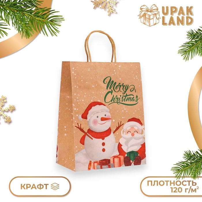 Новый год. Пакет бумажный подарочный новогодний крафт Новый год. Пакет бумажный подарочный новогодний крафт "Снеговик", 27 х 21 х 11 см.