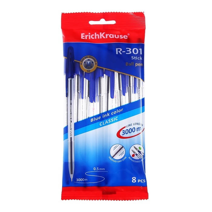 Набор ручек шариковых ErichKrause R-301 Classic Stick, 8 штук, узел 1.0 мм, цвет чернил синий Набор ручек шариковых ErichKrause R-301 Classic Stick, 8 штук, узел 1.0 мм, цвет чернил синий