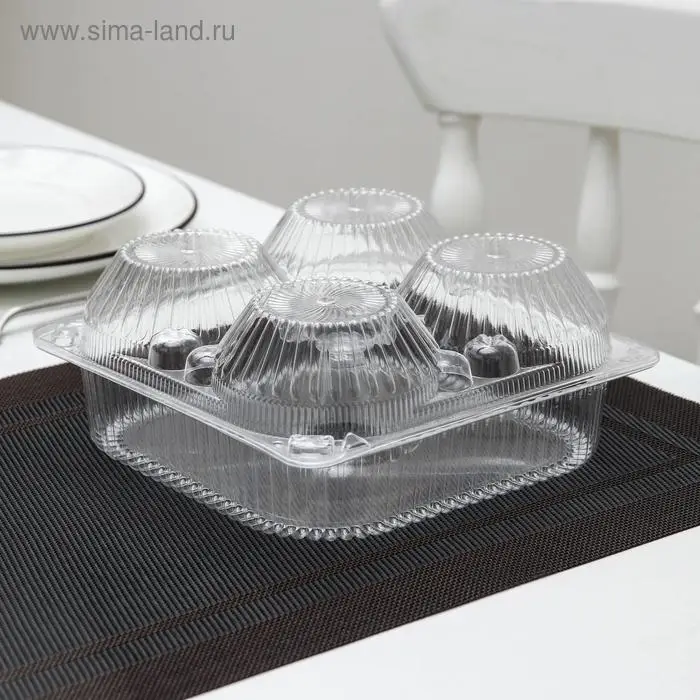 Контейнер одноразовый с неразъёмной крышкой ИП-2, для кондитерских изделий, пластик, 4 секции, 18.6×8.1 см, прозрачный