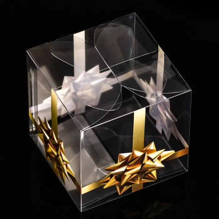 Складная прозрачная коробка из PVC, для упаковки подарков, «Золотой бантик», 7×7×7 см Складная прозрачная коробка из PVC, для упаковки подарков, «Золотой бантик», 7×7×7 см