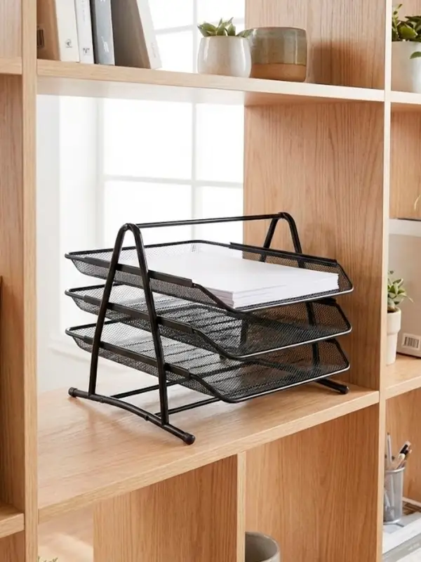 Лоток для бумаг горизонтальный, металлическая сетка, 3 отделения, чёрный