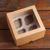 Упаковка на 4 мини - капкейка крафт с окном, 13×13×8 см