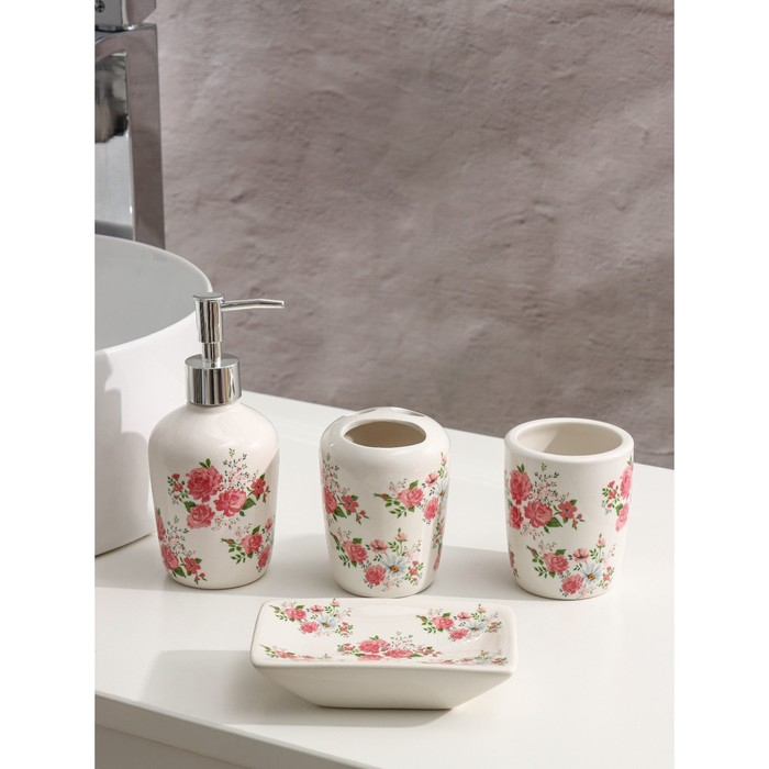 Набор аксессуаров для ванной комнаты «Розовые розы», 4 предмета (дозатор 300 мл, мыльница, 2 стакана), цвет белый Набор аксессуаров для ванной комнаты «Розовые розы», 4 предмета (дозатор 300 мл, мыльница, 2 стакана), цвет белый