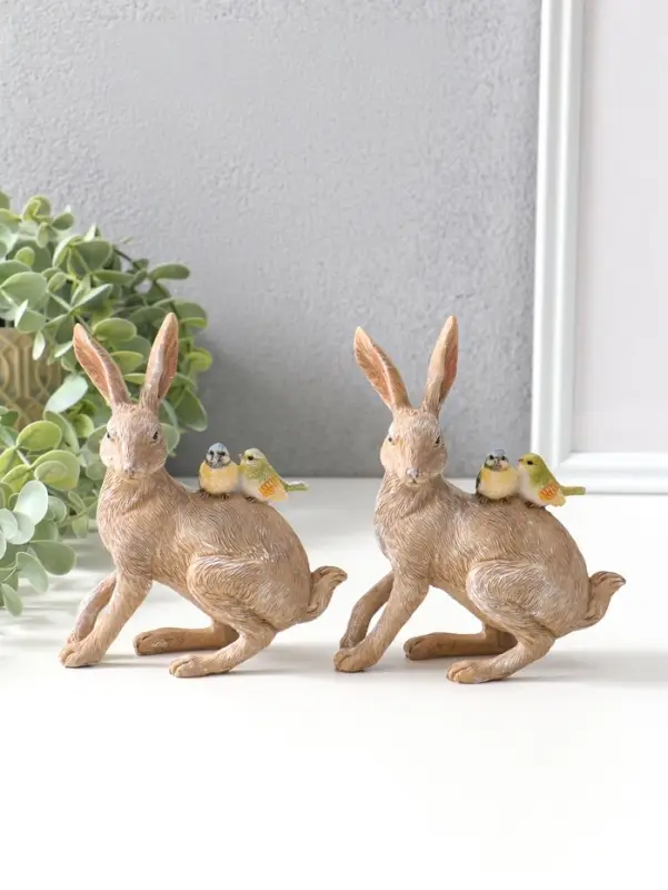 Сувенир полистоун "Кролик с синичками на спине" набор 2 шт 14х5,5х11,5 см