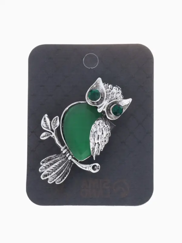 Брошь &laquo;Сова&raquo;, зелёная в чернёном серебре