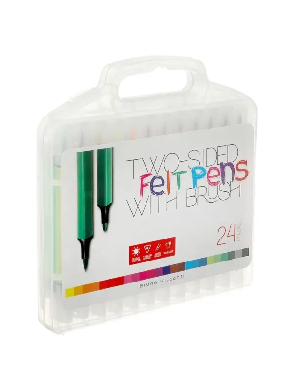 Фломастеры-кисточки 24 BRIGHT, COLORS, двусторонние, в пластиковом пенале
