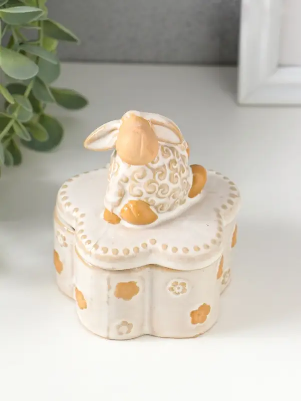 Шкатулка керамика "Кудряш бараш" беж 7,9х7,9х9,5 см