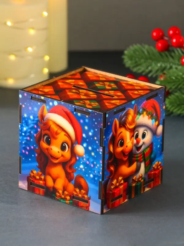 Новогодняя копилка куб "Снеговик с коняшкой" 10х10х10 см (набор 7 деталей)