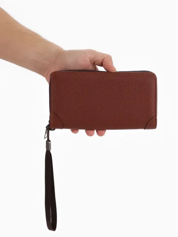 Портмоне мужское на молнии, 3 отделения, искусственная кожа, с ручкой, коричневое