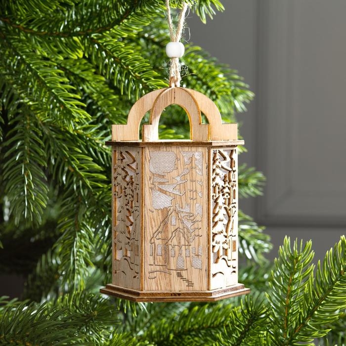 Ёлочная игрушка «Фонарь с домиком», от батареек, свечение тёплое белое Ёлочная игрушка «Фонарь с домиком», от батареек, свечение тёплое белое