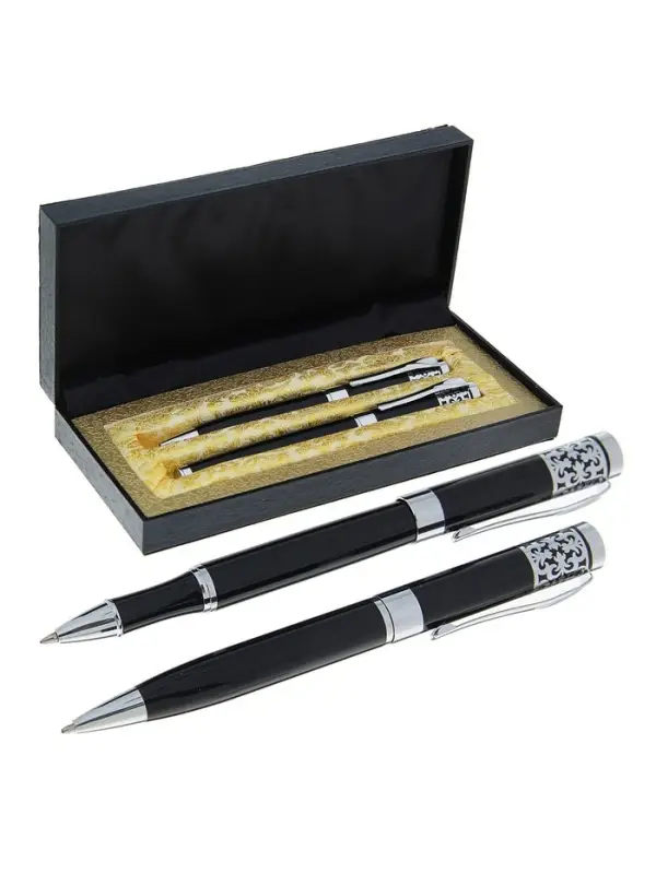 Набор подарочных ручек Calligrata &laquo;Гравюра&raquo;, 2 штуки (капиллярная и шариковая), в футляре кожзам, корпус чёрный