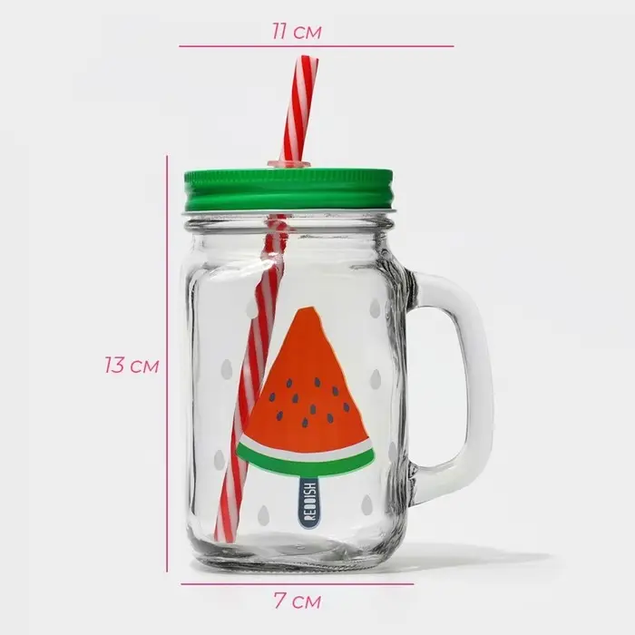 Кружка стеклянная с крышкой и трубочкой Доляна «Фреш», 450 мл, 11×7×13 см, рисунок МИКС Кружка стеклянная с крышкой и трубочкой Доляна «Фреш», 450 мл, 11×7×13 см, рисунок МИКС