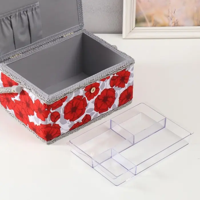 Шкатулка для рукоделия и шитья &laquo;Красные маки на белом&raquo;, хранение ниток, иголок, мелочи, 19&times;26&times;14.5 см