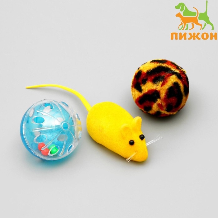 Набор игрушек для кошек: мышь 6 см и 2 шарика, микс цветов Набор игрушек для кошек: мышь 6 см и 2 шарика, микс цветов