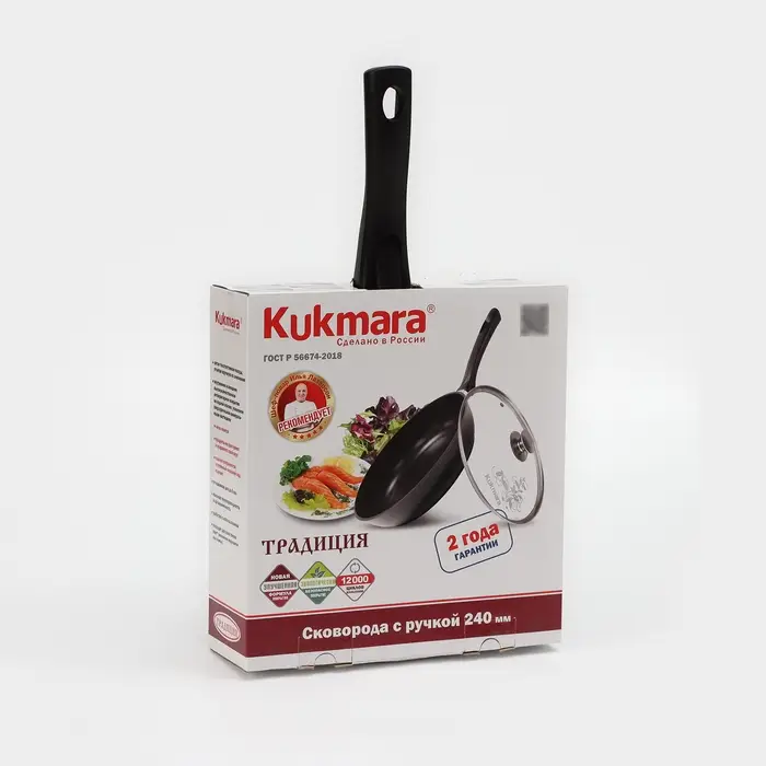 Сковорода KUKMARA &laquo;Традиция&raquo;, d=24 см, h=6 см, стеклянная крышка, съёмная ручка, антипригарное покрытие, литой алюминий, чёрная