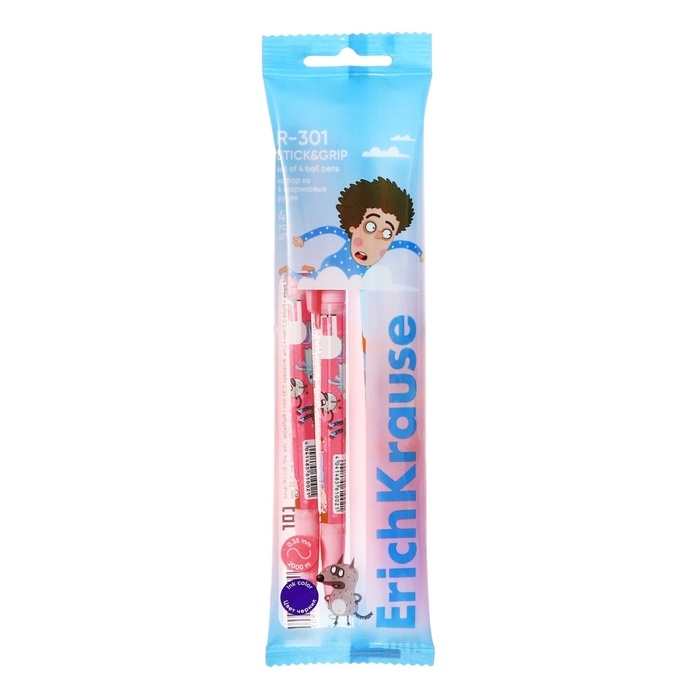 Набор ручек шариковых 4 штуки ErichKrause R-301 Stick & Grip Набор ручек шариковых 4 штуки ErichKrause R-301 Stick & Grip "Приключения Пети и Волка", узел 0.7 мм, синие, с резиновым держателем, европодвес