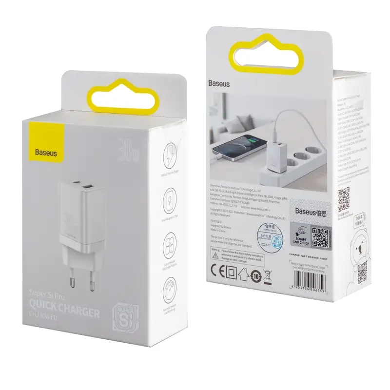 Переходник СЗУ на USB + Type-C 30W CCSUPP-E02 Baseus белый Переходник СЗУ на USB + Type-C 30W CCSUPP-E02 Baseus белый