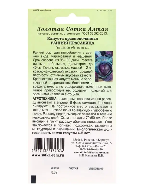 Семена Капуста краснокочанная &laquo;Ранняя красавица&raquo;, 0.3 г, раннеспелая, &laquo;Золотая Сотка Алтая&raquo;