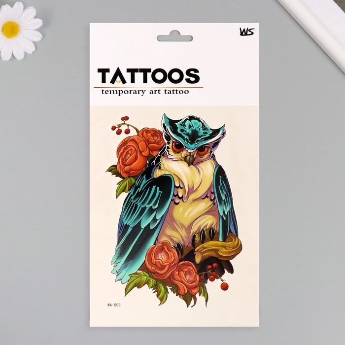 Татуировка на тело цветная Татуировка на тело цветная "Сова в пионах" 26,1х14,6 см