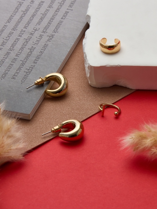 Набор серьги и каффы 4 шт. «Бублик», цвет золото