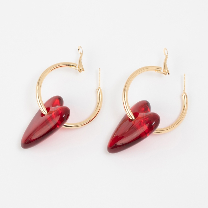 Серьги-кольца «Сердца» красный в золоте Серьги-кольца «Сердца» красный в золоте