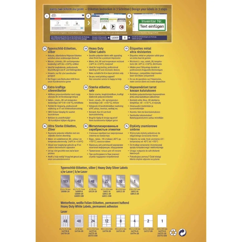 Этикетки самоклеящиеся серебристые, L6013-8, 210 x 297мм, L, 8 л./8 шт