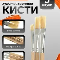 Кисти для рисования, щетина, 3 штуки: № 4, 8, 10, плоские, деревянная ручка, международный размер