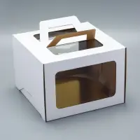 Коробка под торт 2 окна, с ручками, белая, + подложка 2.5 золото - белый, 28&times;28&times;20 см