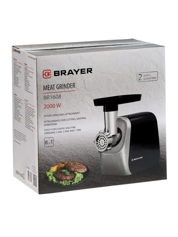 Мясорубка BRAYER 1608BR, электрическая, 2000 Вт, реверс, 3 диска, 4 насадки, 2 кг/мин Мясорубка BRAYER 1608BR, электрическая, 2000 Вт, реверс, 3 диска, 4 насадки, 2 кг/мин