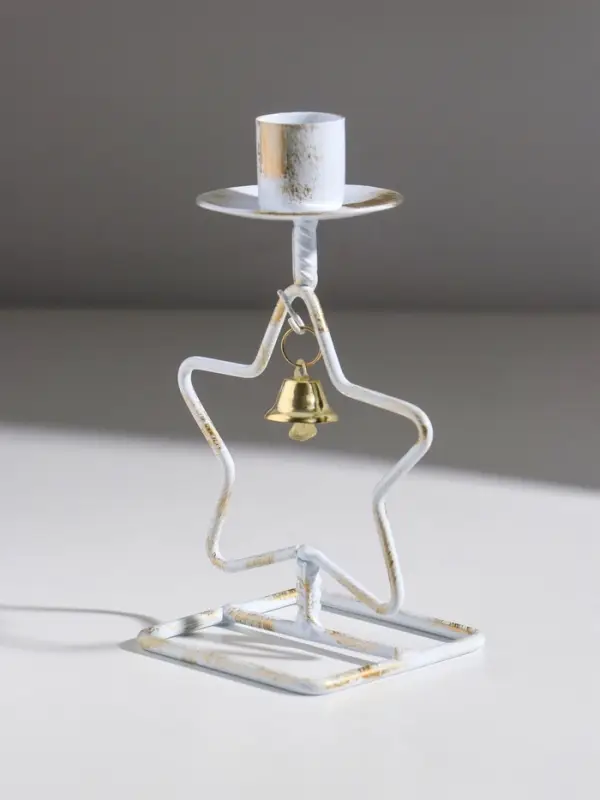 Подсвечник металл на 1 свечу  Подсвечник металл на 1 свечу "Звезда с колокольчиком" белый с патиной d=2,3 см 9,3х7,4х17 см   10875