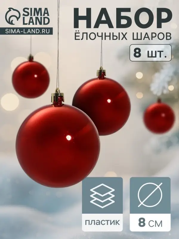 Ёлочные игрушки &laquo;Глянец&raquo;, шары новогодние, d=8 см, набор 8 шт., красный