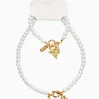 Набор 2 пред-та: бусы.браслет "Жемчуг", ракушка, цвет белый в золоте L=18/42см №8