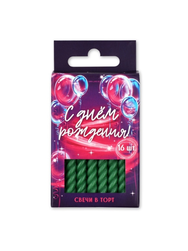 Свечи для торта, зеленые, 16 шт., 6,5 х 0,5 см Свечи для торта, зеленые, 16 шт., 6,5 х 0,5 см