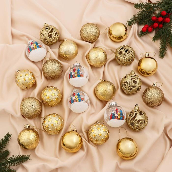 Набор шаров пластик d-6 см, 24 шт Набор шаров пластик d-6 см, 24 шт "Зимний домик" золото