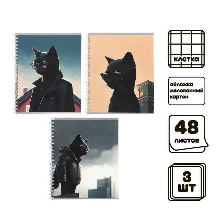 Комплект тетрадей из 3 штук, 48 листов в клетку на гребне Calligrata Комплект тетрадей из 3 штук, 48 листов в клетку на гребне Calligrata "Чёрный Кот", обложка мелованный картон, ВД-лак, блок офсет