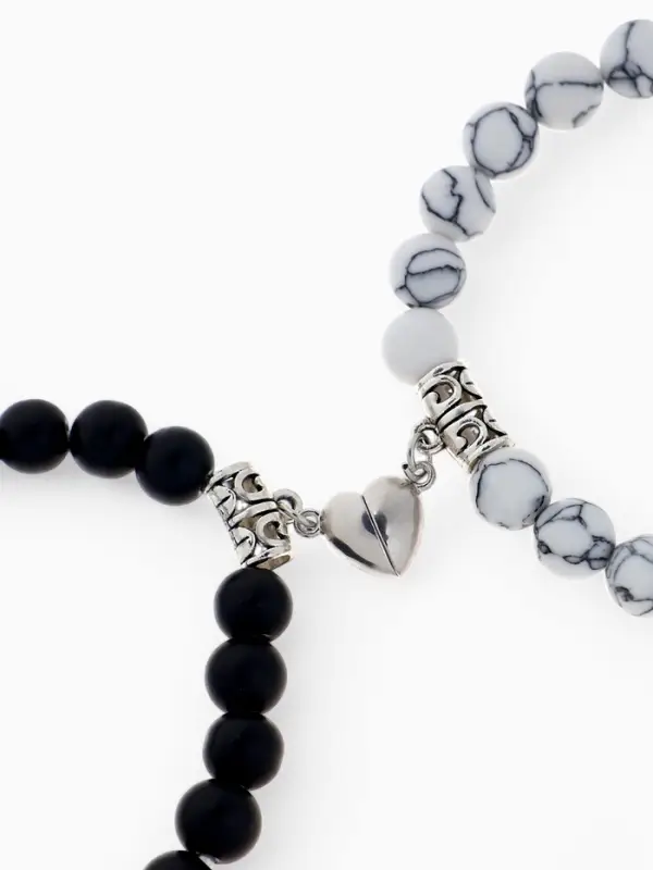 Браслеты парные &laquo;Неразлучники&raquo; на магните, сердце, чёрно-белые в серебре, d=6 см