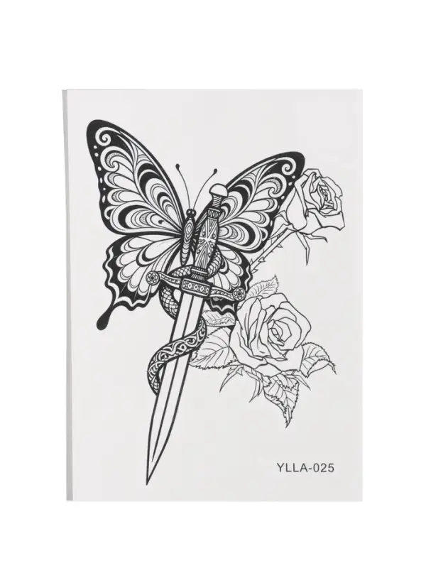 Татуировка на тело &laquo;Бабочка, розы и меч&raquo;, 12.5&times;20.7 см, чёрная