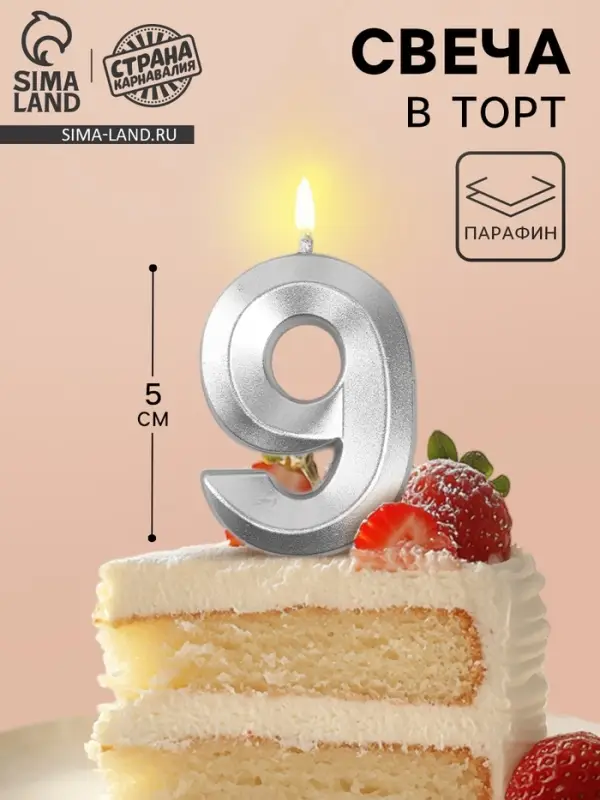 Свеча в торт на шпажке &laquo;Грань&raquo;, цифра 9, серебро, 5 см