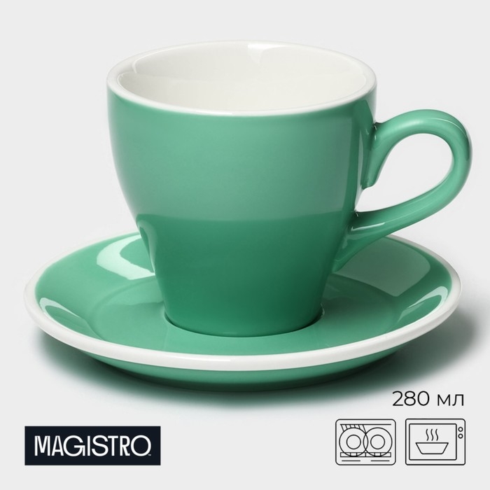 Кофейная пара фарфоровая Magistro Coffee time, 2 предмета: чашка 280 мл, блюдце d=15,5 см, цвет бирюзовый Кофейная пара фарфоровая Magistro Coffee time, 2 предмета: чашка 280 мл, блюдце d=15,5 см, цвет бирюзовый