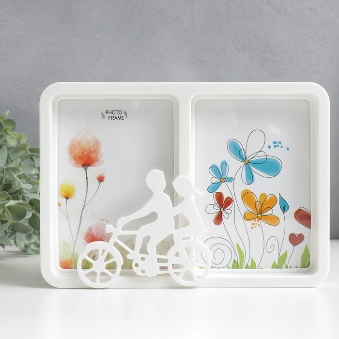 Фоторамка пластик 10х15 см на 2 фото  Фоторамка пластик 10х15 см на 2 фото "Пара на велосипеде" белая 3х23х6,5 см