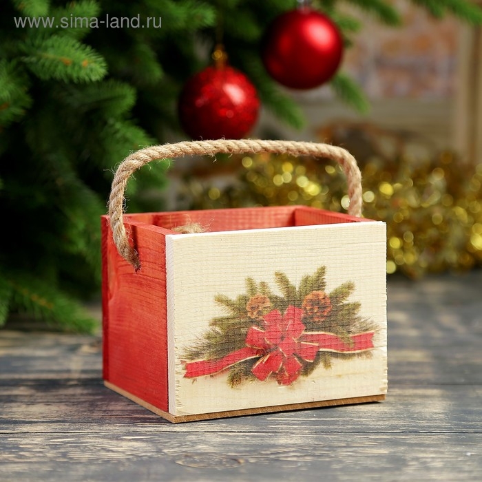 Кашпо деревянное  Кашпо деревянное "Ёлочная гирлянда", ручка- шнур, 12,5х10,5х9,5см