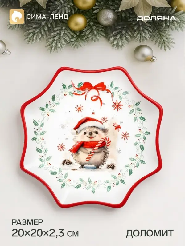 Тарелка новогодняя Доляна &laquo;Зимний друг&raquo;, 20&times;20&times;2.3 см, доломит, белая, красная