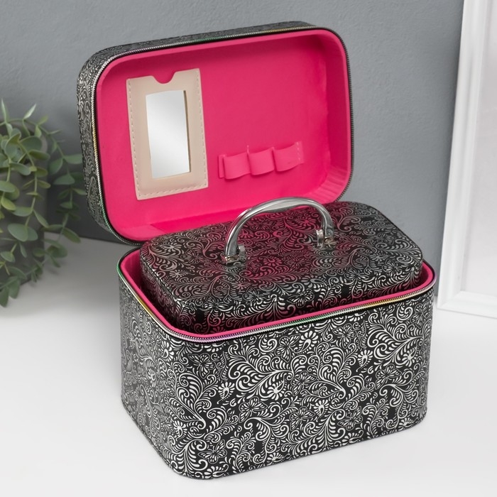 Шкатулка кожзам с зеркалом Шкатулка кожзам с зеркалом "Узоры, бабочки" чёрная н-р 3 шт 19х10,5х10,5 21х13х14 15х23х17см