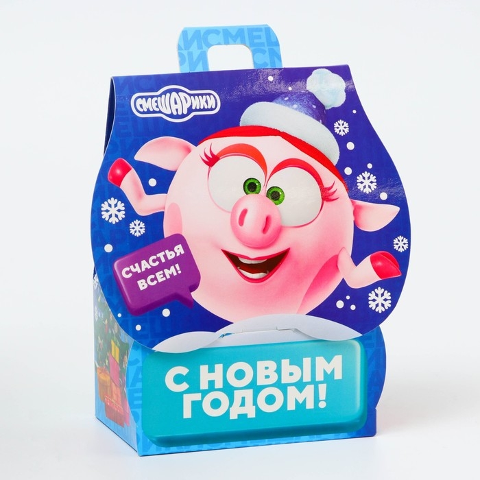 Новый год. Подарочная коробка Новогодняя Домик  Новый год. Подарочная коробка Новогодняя Домик "Смешарики" лицензия 12 х 8,5 х 17,5 см (+2,2 см).