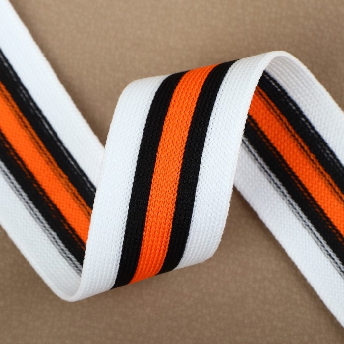 Тесьма трикотажная лампас 30 мм, 9,1 ± 0,5 м, цвет белый/чёрный/оранжевый
