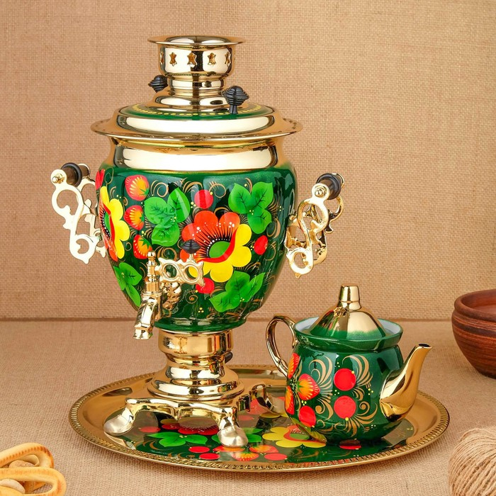 Набор «Маки на зелёном», жёлудь, 3 предмета, самовар 3 л, заварочный чайник 0,7 л, поднос Набор «Маки на зелёном», жёлудь, 3 предмета, самовар 3 л, заварочный чайник 0,7 л, поднос
