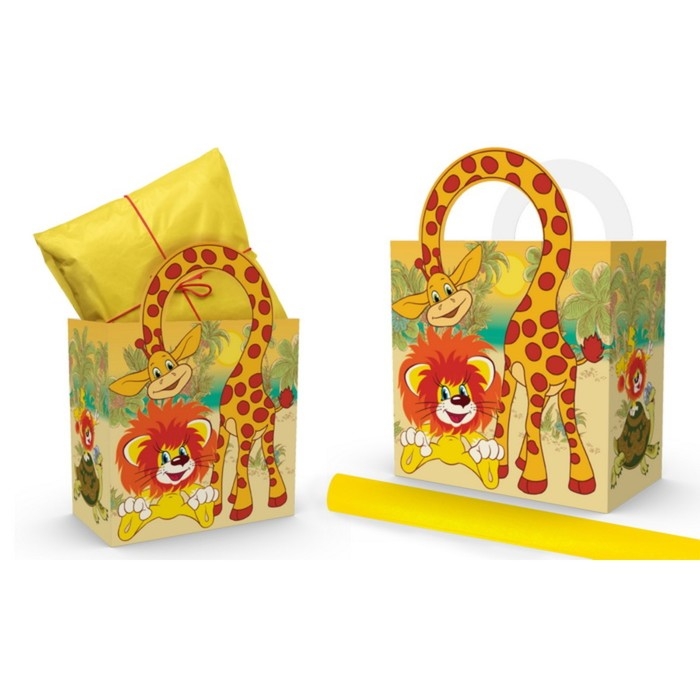 Пакет подарочный с упаковочной бумагой тишью, 22х22х12 см, Львенок и Черепаха Пакет подарочный с упаковочной бумагой тишью, 22х22х12 см, Львенок и Черепаха