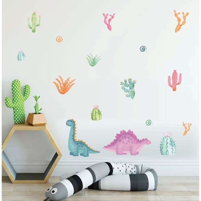 Наклейка интерьерная цветная Наклейка интерьерная цветная "Динозаврики в кактусах" 30х60 см