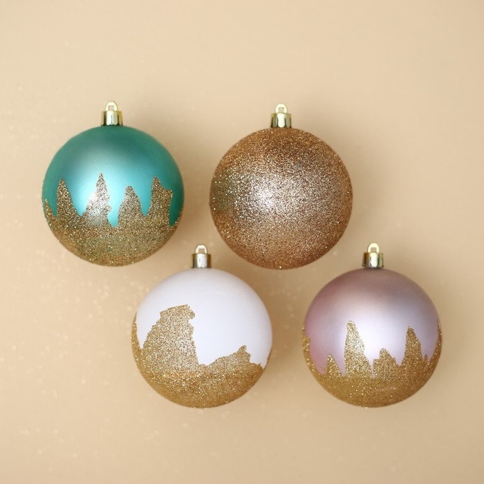 Шары ёлочные новогодние «Золотая поталь», на Новый год, пластик, d=8, 4 шт., цвет розовый, тиффани, белый Шары ёлочные новогодние «Золотая поталь», на Новый год, пластик, d=8, 4 шт., цвет розовый, тиффани, белый